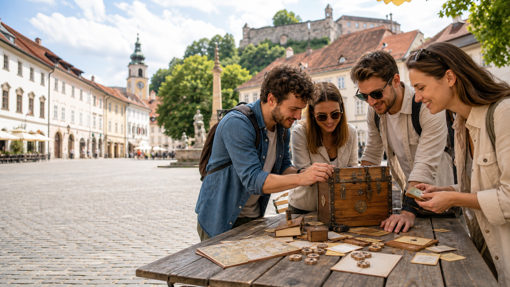 A group collaborating around a wooden puzzle box in a Slovenian old-town square